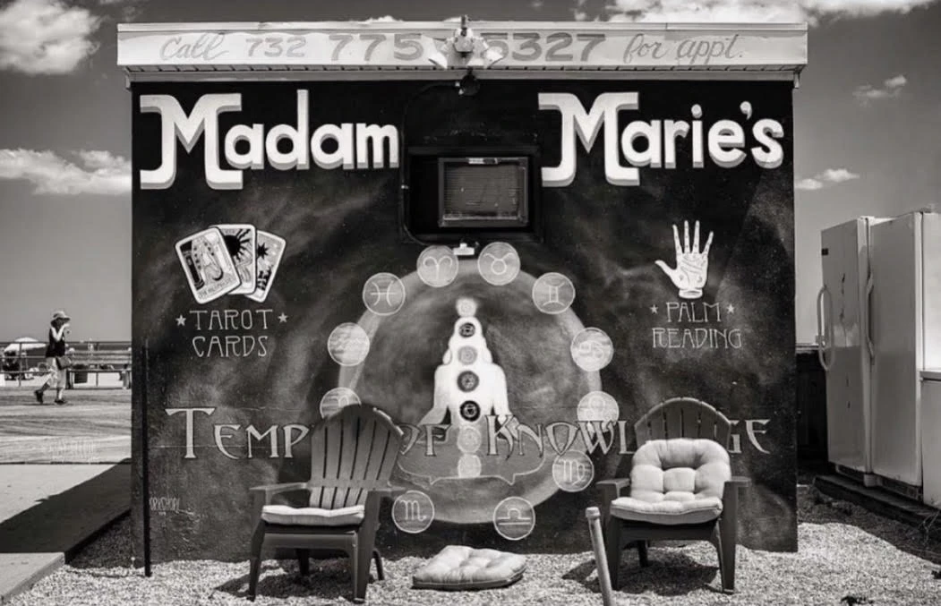 The historic Madam Marie's Temple of Knowledge booth on the Asbury Park Boardwalk — tarot cards and palm reading