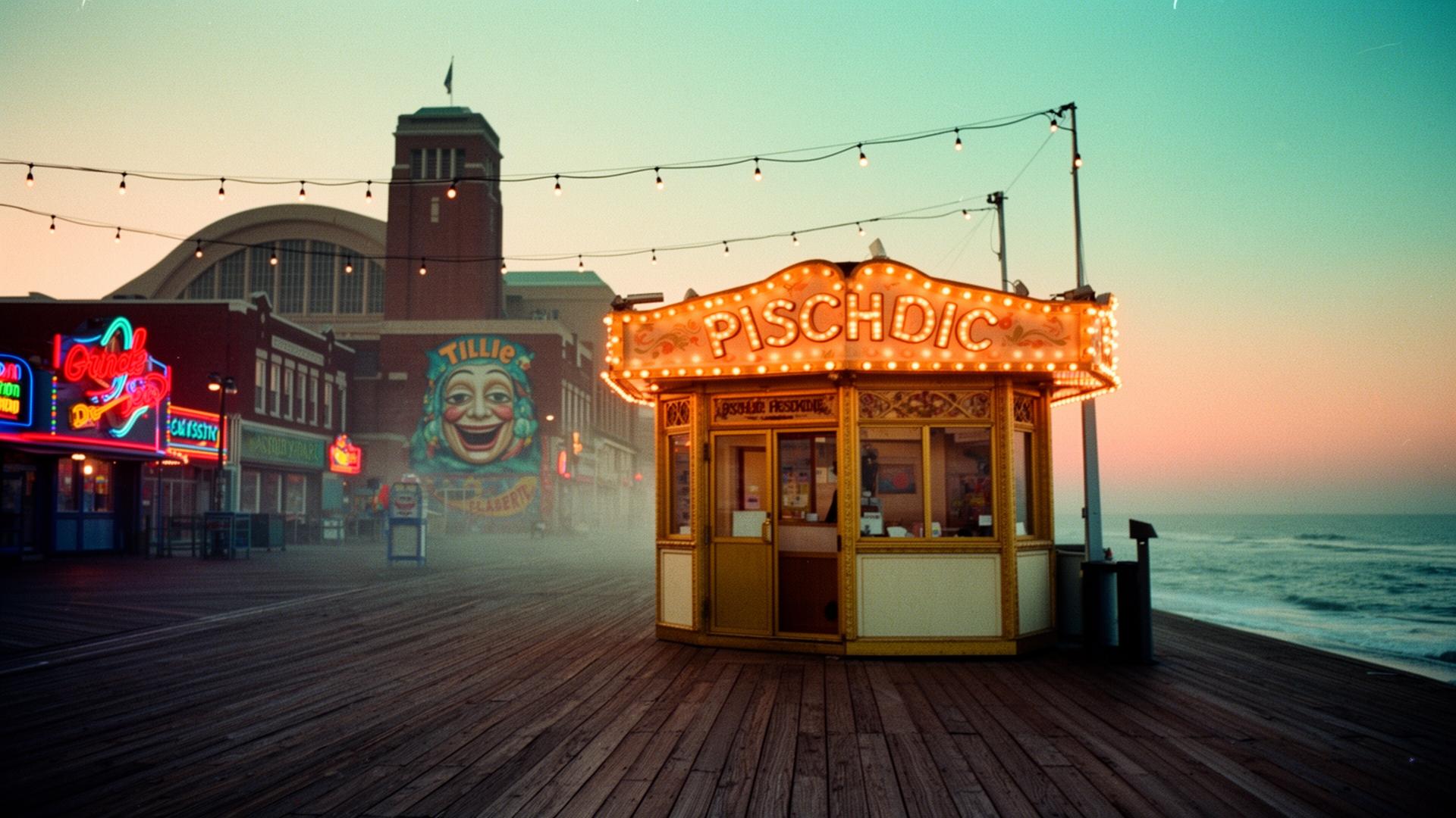 Madam Marie's Temple of Knowledge psychic booth glowing on the Asbury Park Boardwalk at twilight