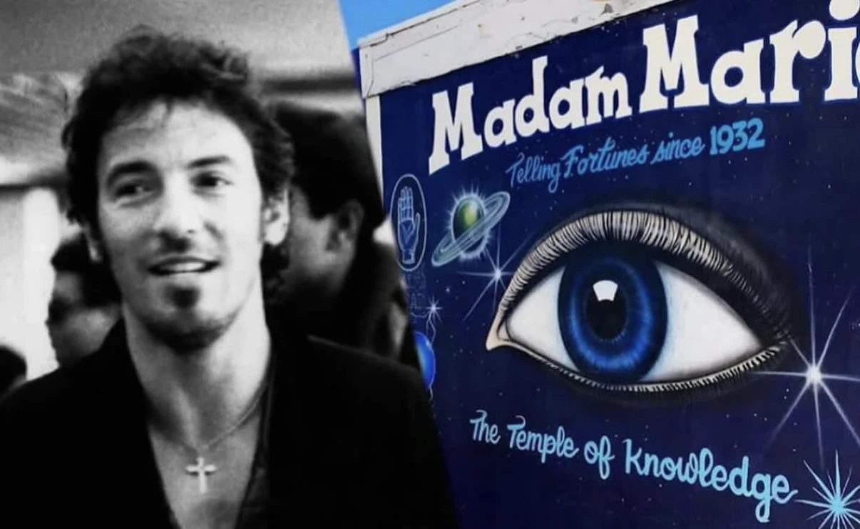 A young Bruce Springsteen beside the Madam Marie all-seeing eye mural on the Asbury Park Boardwalk