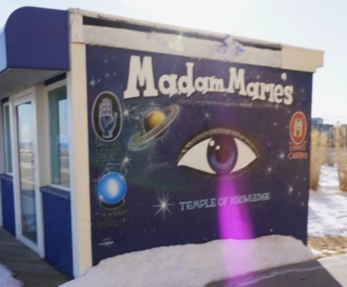 Madam Marie's Temple of Knowledge booth on the Asbury Park Boardwalk, with its hand-painted celestial mural