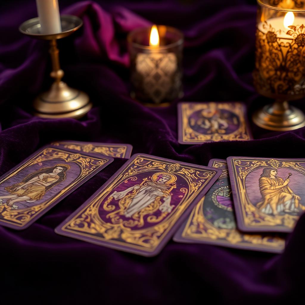 Tarot cards spread on velvet by candlelight